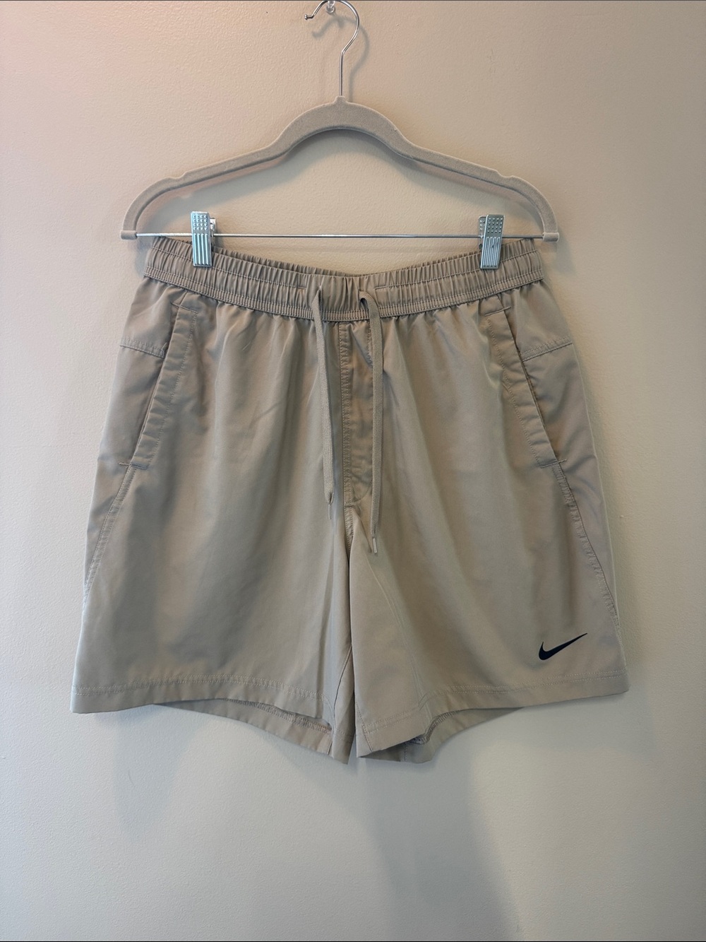 Nike Men's Tan Athletic Shorts with Black Swoosh